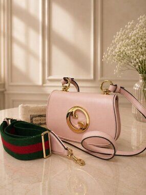 Gucci Blondie Mini Pink Leather Crossbody Bag Gold Interlocking G Web Strap